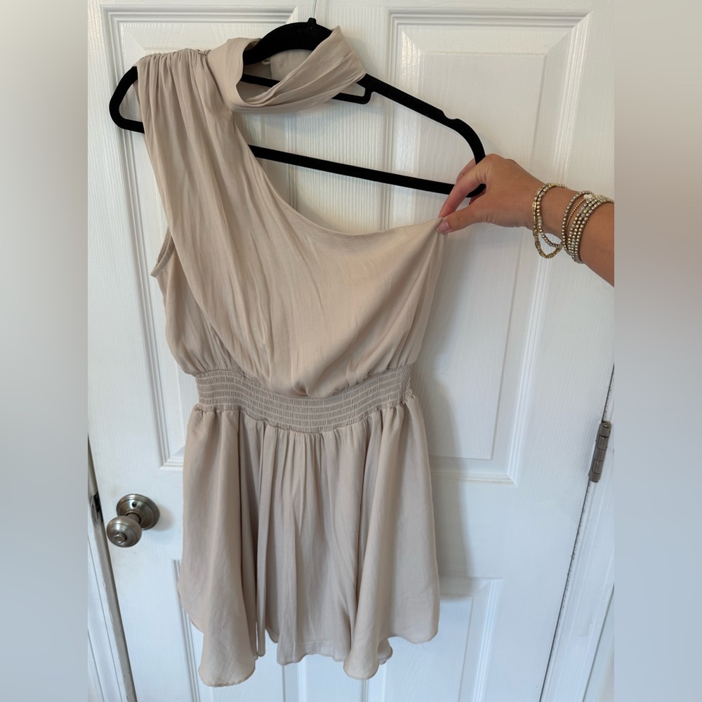 fab'rik Tan Ruched One-Shoulder Sundress